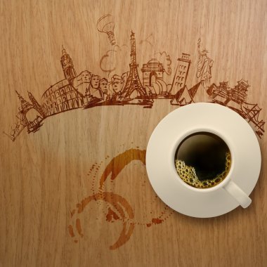 3D ahşap arka plan üzerinde dünyayı dolaşarak kahve fincan
