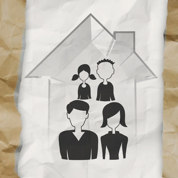 Hand drawn 3d house wtih family icon on crumpled paper backgroun — Stock Photo, Image