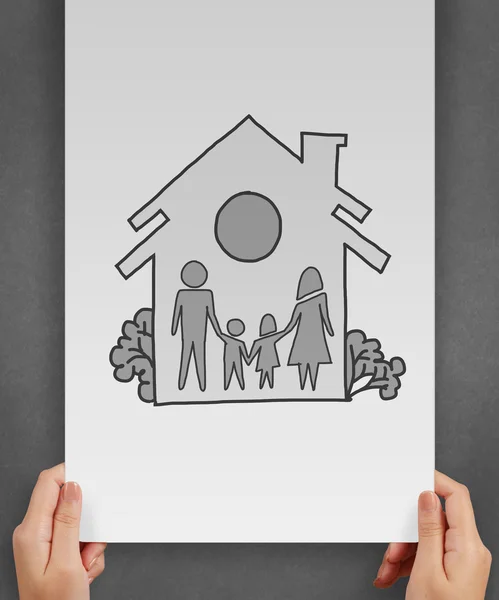 Manuell tegning av familie og hus som forsikringsbegrep – stockfoto