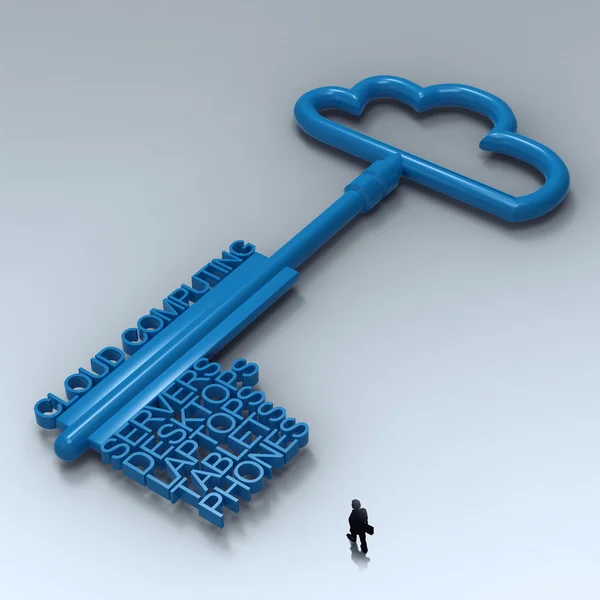 Geschäftsmann zu Fuß zu Cloud-Computing-Diagramm mit metallischen Klon — Stockfoto