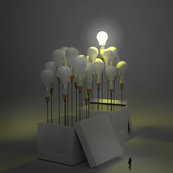 Бизнесмен смотрит на концепцию 3D-карандаша и лампочки снаружи — стоковое фото