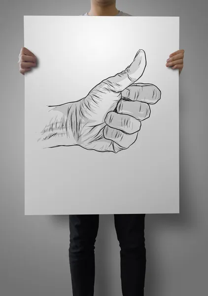 Man showing poster hand drawn of hand giving a thumbs up as conc — Stock Photo, Image