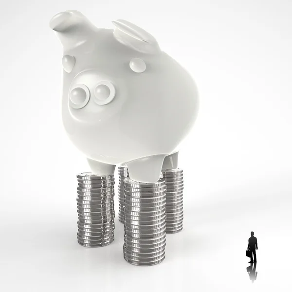 Geschäftsmann sieht 3D-Sparschwein auf Münzen als Zugeständnis — Stockfoto