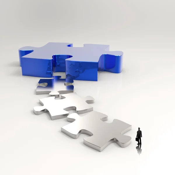 Partnerschaft Puzzle Metall 3D und Geschäftsmann-Ikone als Konzept — Stockfoto