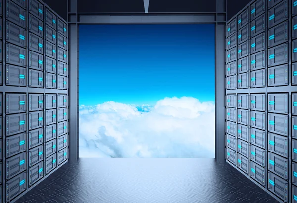 3D-netwerk serverruimte en cloud buiten als concept — Stockfoto