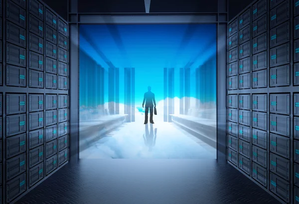 3d network server room and cloud outside as concept — Stock Photo, Image