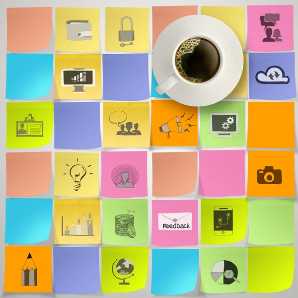 3d cup of coffee on hand drawn icons of business strategy on sti — Stock Photo, Image