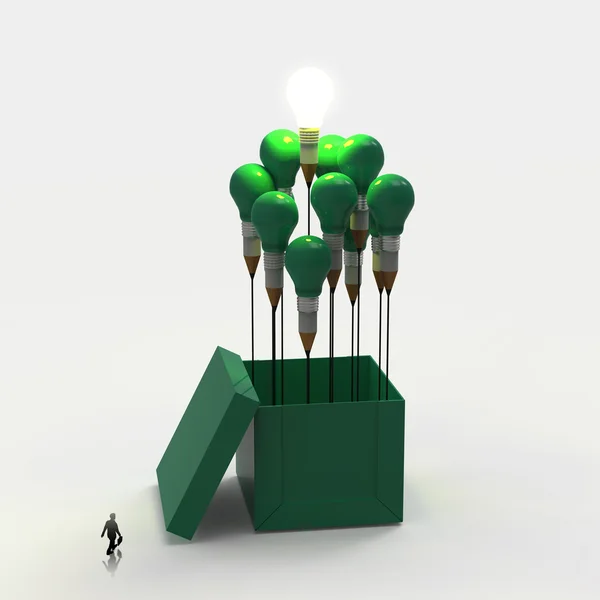 Geschäftsmann schaut sich 3D-Bleistift und Glühbirnen-Konzept draußen an — Stockfoto