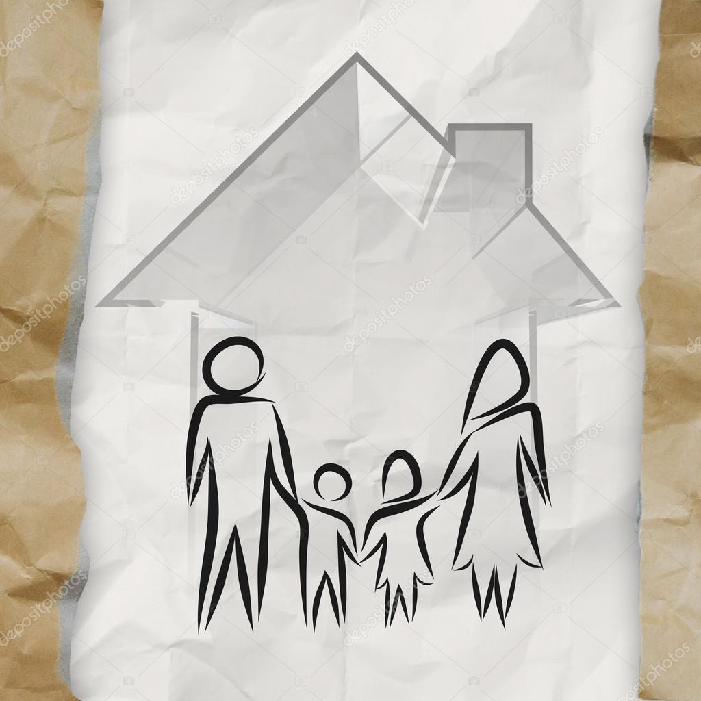 hand drawn 3d house wtih family icon on crumpled paper backgroun