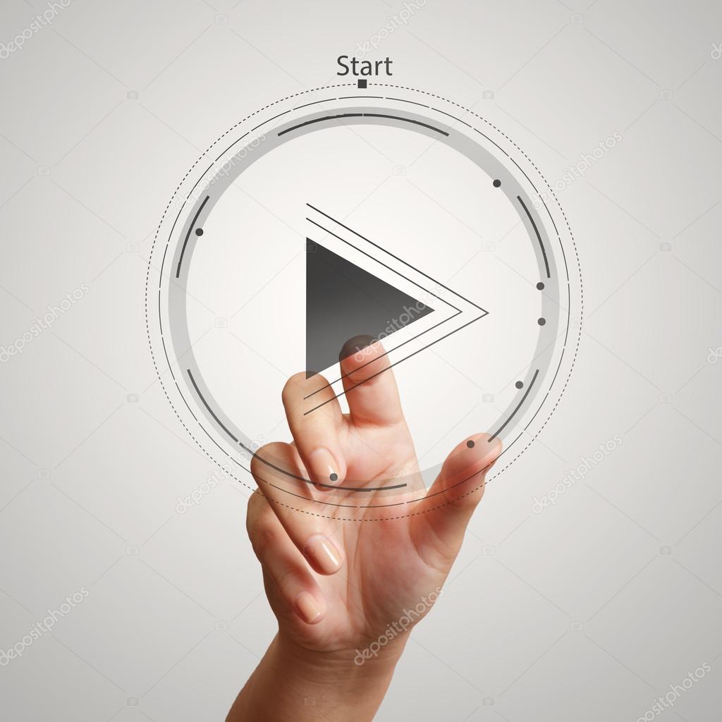 Hand press play button sign to start or initiate projects as con Stock ...