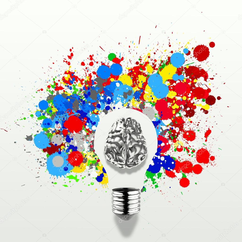 Creativity 3d metal human brain in visible light bulb with splas