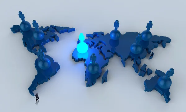 Om de afaceri mersul pe jos la rețeaua socială uman 3d pe harta lumii ca c — Fotografie, imagine de stoc