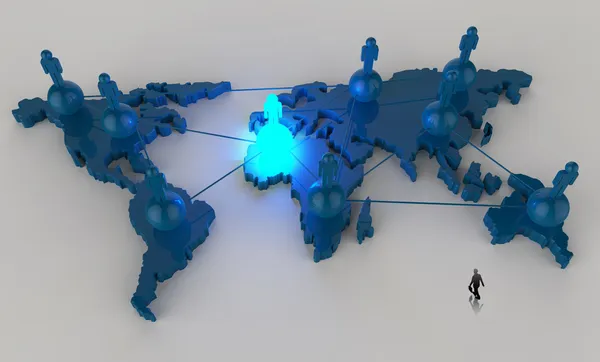 Homem de negócios caminhando para a rede social humana 3d no mapa do mundo como c — Fotografia de Stock