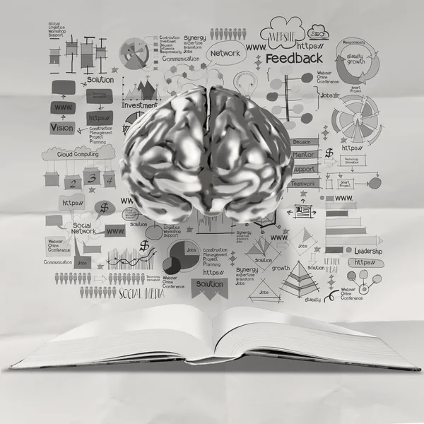 Book of hand drawn business strategy with 3d metal brain on crum — Stock Photo, Image