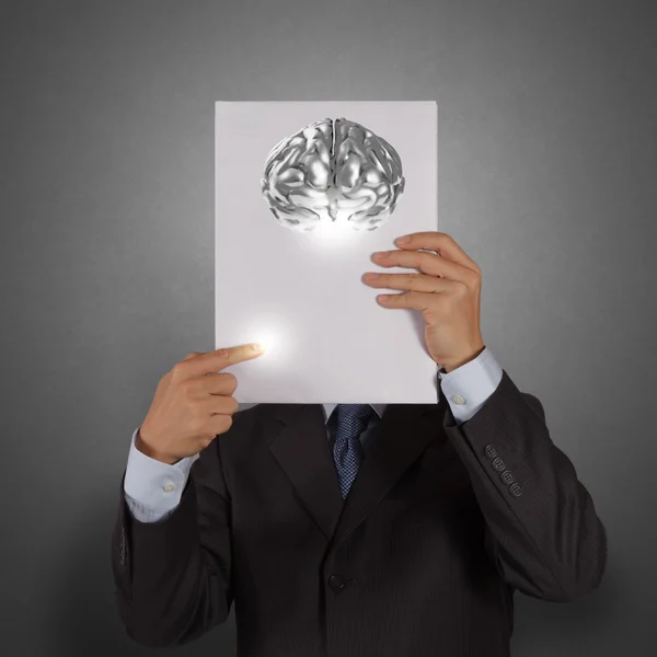 Livre d'exposition de main d'homme d'affaires du cerveau en métal 3d comme concept — Photo
