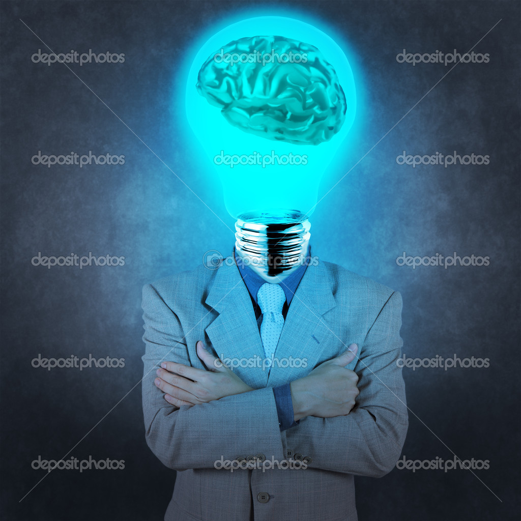 Businessman with lamphead 3d metal brain as concept — Stock Photo