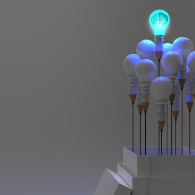 3D metal insan beyninin içinde bir ampul yaratıcı kavram olarak