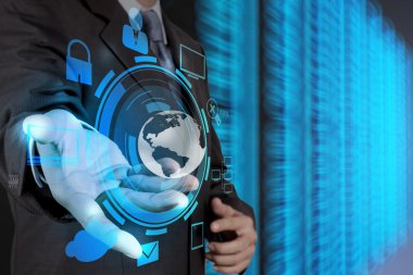 işadamı el tutarak Cloud ağ simgesini dokunmatik ekran comp