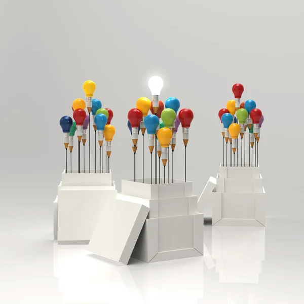 Карандаш лампочка 3d, как думать за пределами коробки как концепция — стоковое фото