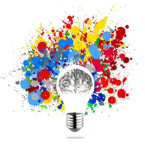 Kreativitás 3d fém emberi agy, a látható fény-izzó, splas — Stock Fotó