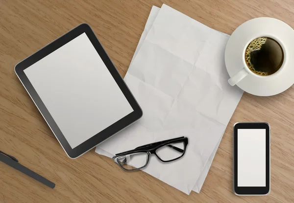 3d tableta vacía con teléfono móvil y una taza de café en el woo —  Fotos de Stock