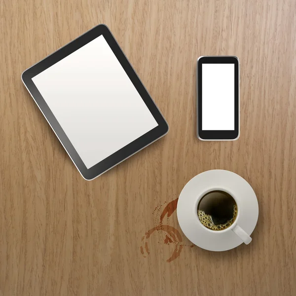3d tableta vacía con teléfono móvil y una taza de café en el woo — Foto de Stock