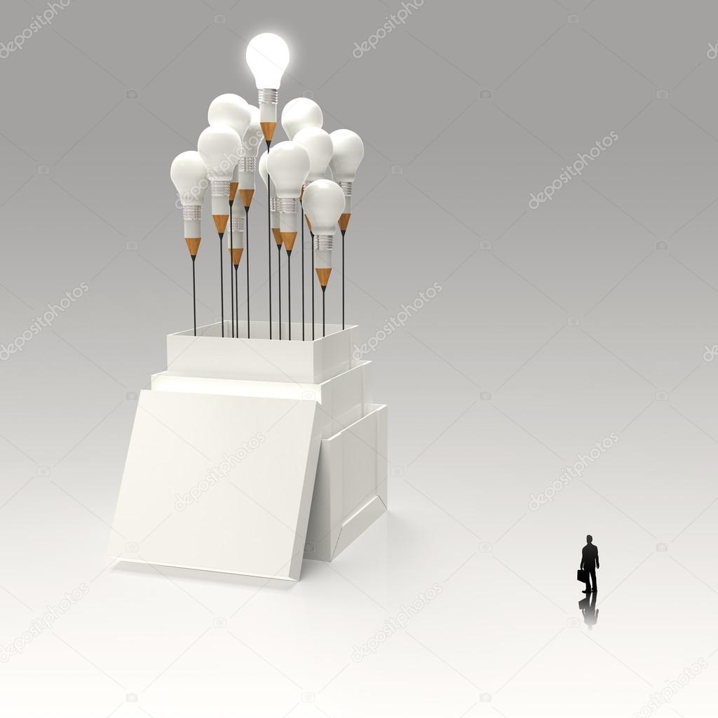 businessman looking at 3d pencil and light bulb concept outside 