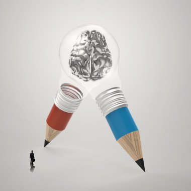 3D metal insan beyninin içinde kalem ampul kavram olarak 