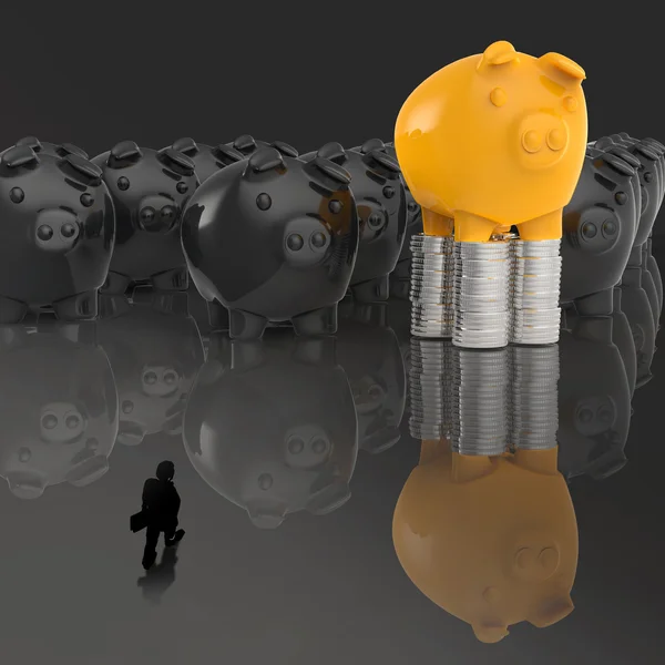 Бизнесмен смотрит на трехмерную свинью, стоящую на монетах, как на соломинку — стоковое фото