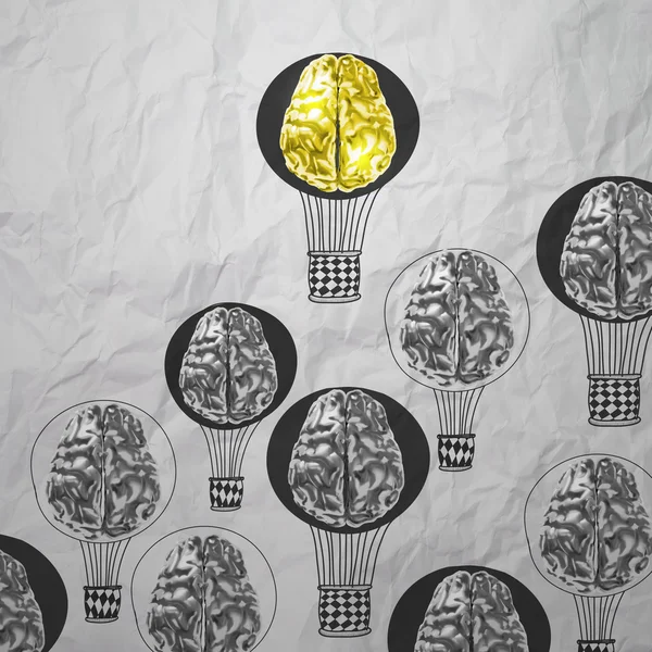 Hand drawn air balloons with 3d metal brain on crumpled paper as — Stock Photo, Image