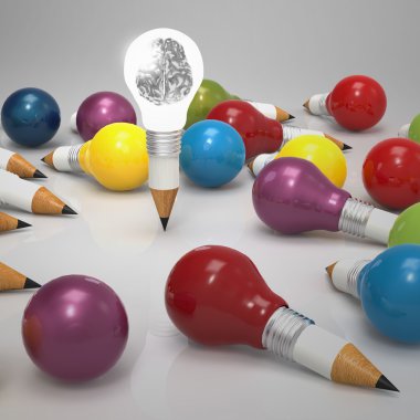 3D metal insan beyninin içinde kalem ampul kavram olarak 