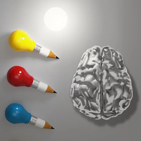 3d pencil lightbulb with metal brain as concept — Stock Photo, Image