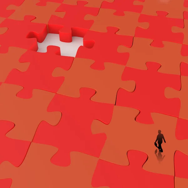 Uomo d'affari a piedi nel pezzo mancante puzzle 3d come concetto — Foto Stock