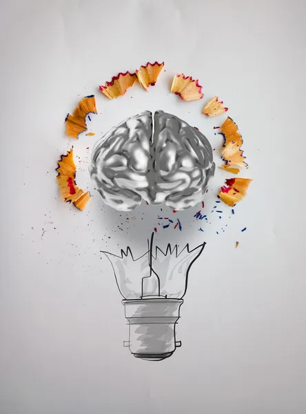 Hand drawn light bulb with pencil saw dust and 3d brain icon on — Stock Photo, Image