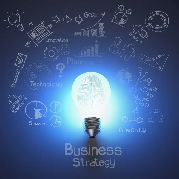3d металевий мозок всередині лампочки і малювання бізнес-стратегії — стокове фото