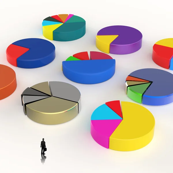 Zakenman lopen naar 3D-cirkeldiagram, gemaakt van verschillende kleuren als — Stockfoto