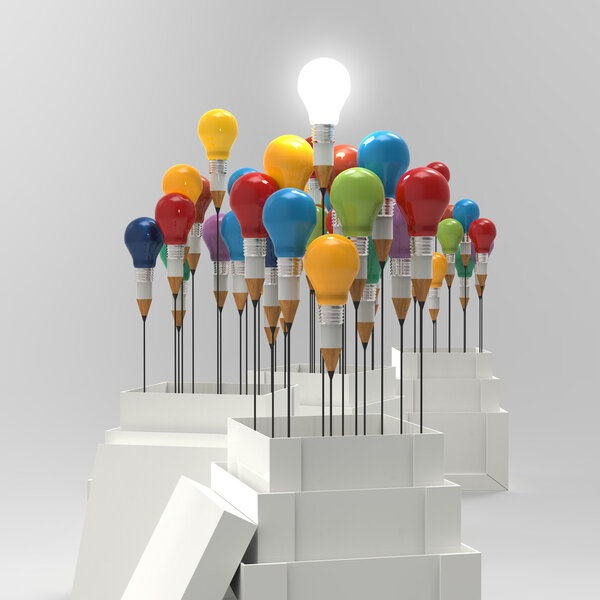 pencil light bulb 3d as think outside of the box and leadership 