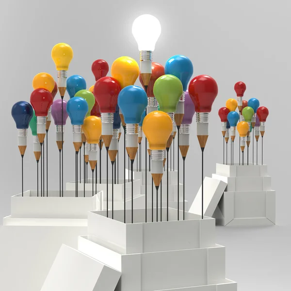 Pencil light bulb 3d as think outside of the box and leadership — Stock Photo, Image