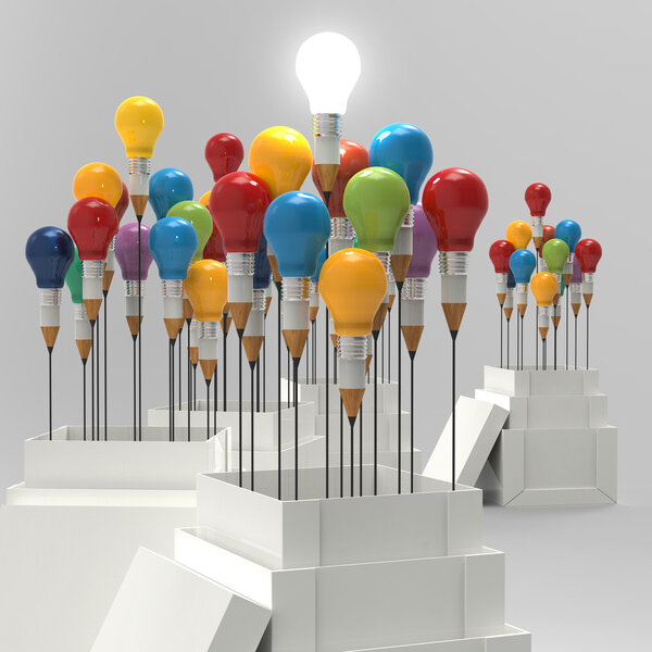 pencil light bulb 3d as think outside of the box and leadership 