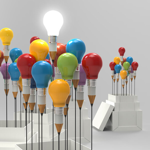 pencil light bulb 3d as think outside of the box and leadership 