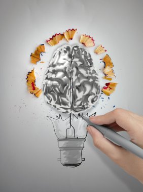 elle çizilmiş ampul kalem ile toz ve 3d beyin kağıt üzerinde gördüm.