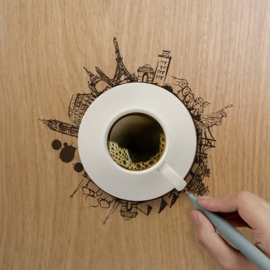 3D fincan kahve kavramı olarak dünya çapında seyahat 