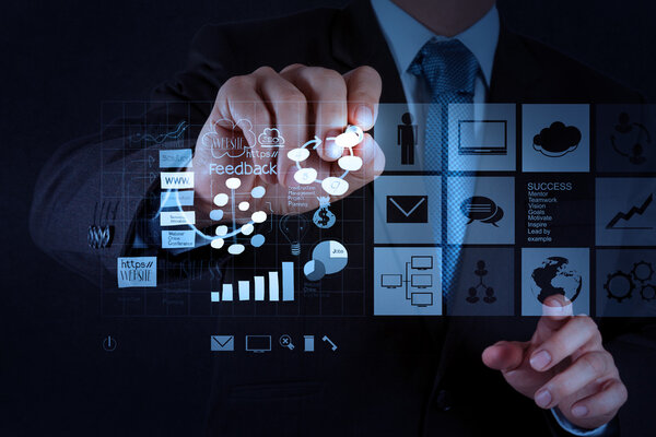 businessman hand working with new modern computer and business s