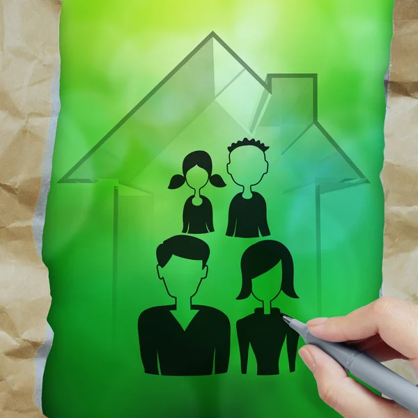 Disegno a mano 3d casa con icona di famiglia come concetto di assicurazione — Foto Stock
