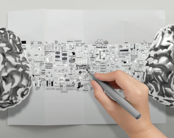 Mano dibujo cerebro de metal 3d con iconos de estrategia de negocio como sujetador — Foto de Stock