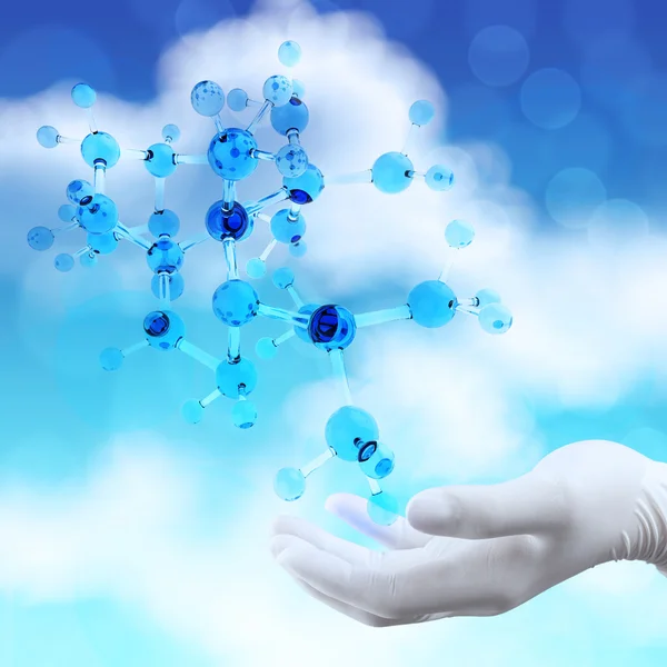 Επιστήμονας γιατρός χέρι κρατά την εικονική τρισδιάστατη μοριακή δομή σε t — Stockfoto