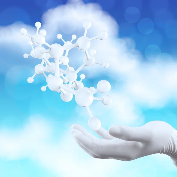 Scientist doctor hand holds virtual 3d  molecular structure in t — Stock Photo, Image