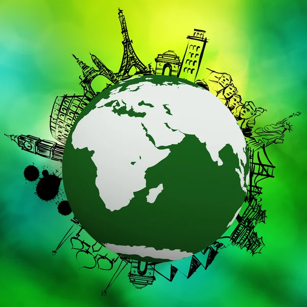 Hand drawn traveling around the world on green nature background — Stock Photo, Image