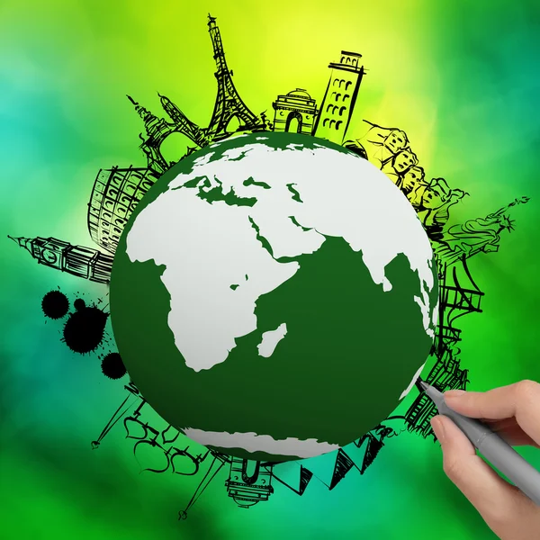 Hand drawn traveling around the world on green nature background — Stock Photo, Image