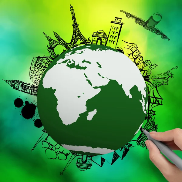 Airplane traveling around the world on green nature background a — Stock Photo, Image